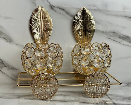 Crystal Metal Candle Holder Set with Decorative Leaf – Elegant Home Décor