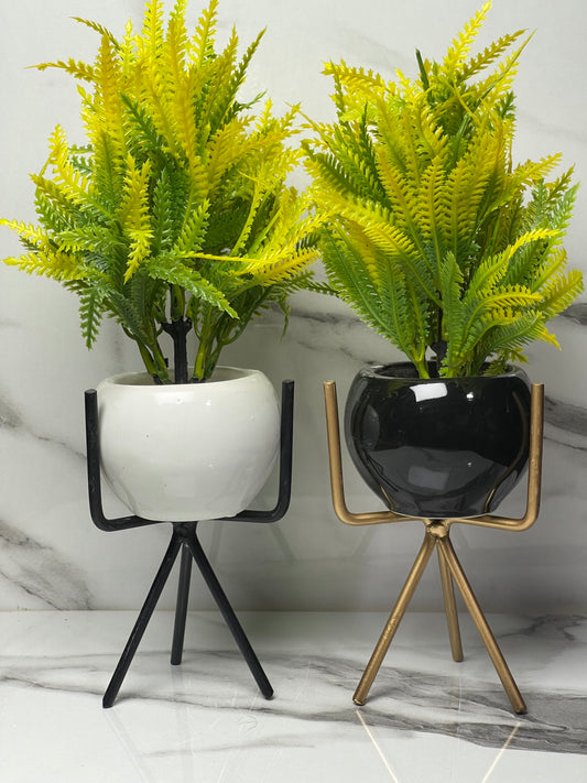 Robot-Inspired Ceramic Planters with Metal Stand – Black & White Set