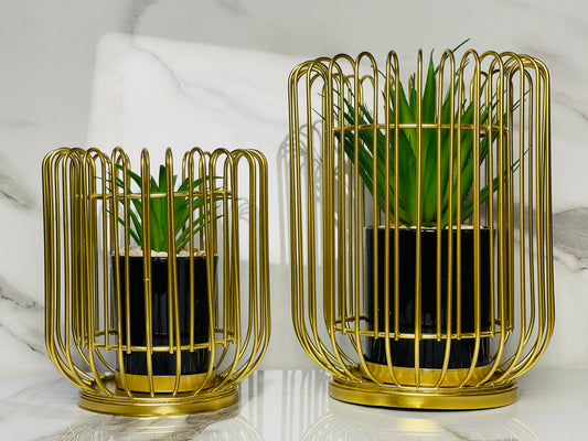 Modern Gold Metal Cage Planter Set with Ceramic Pots – Set of 2