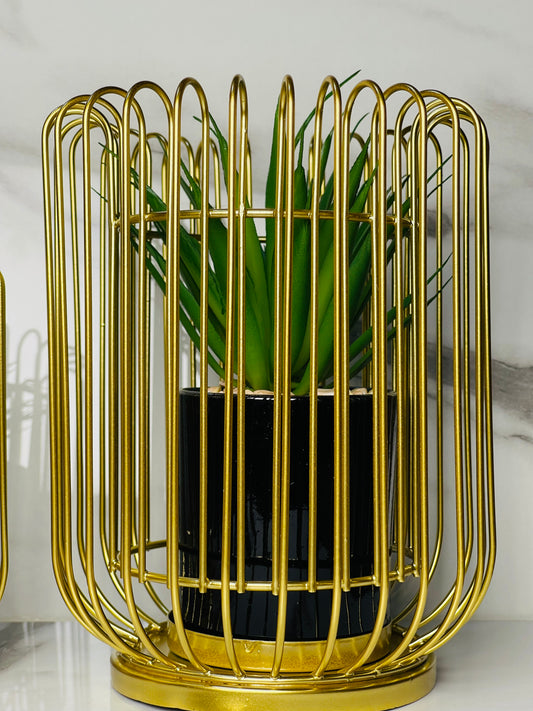 Modern Gold Metal Cage Planter Set with Ceramic Pots – Set of 2