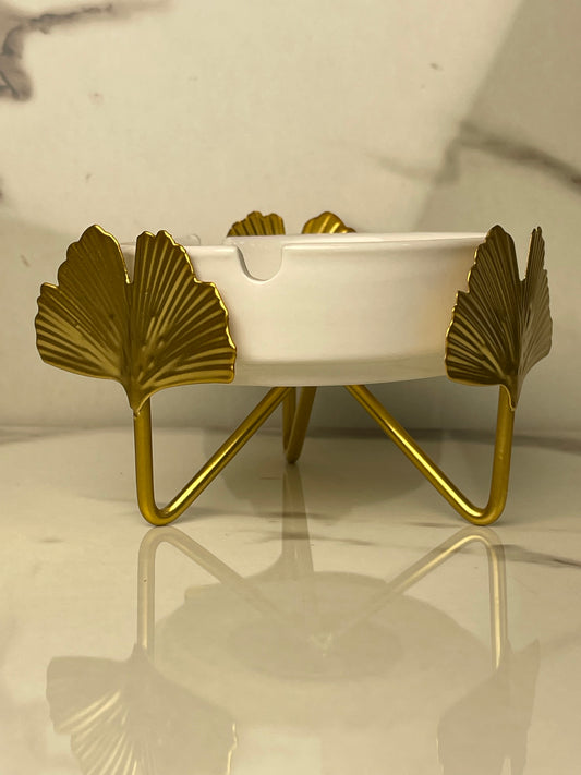 Elegant Ceramic Ashtray with Golden Leaf Metal Stand