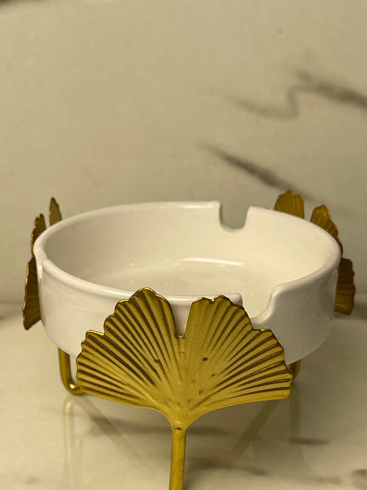 Elegant Ceramic Ashtray with Golden Leaf Metal Stand